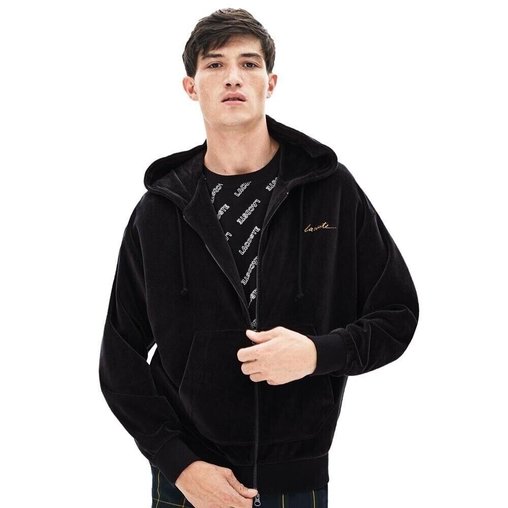 Lacoste Live Signature Black Velvet Full Zip Hoodie Sweatshirt Jacket Size XL